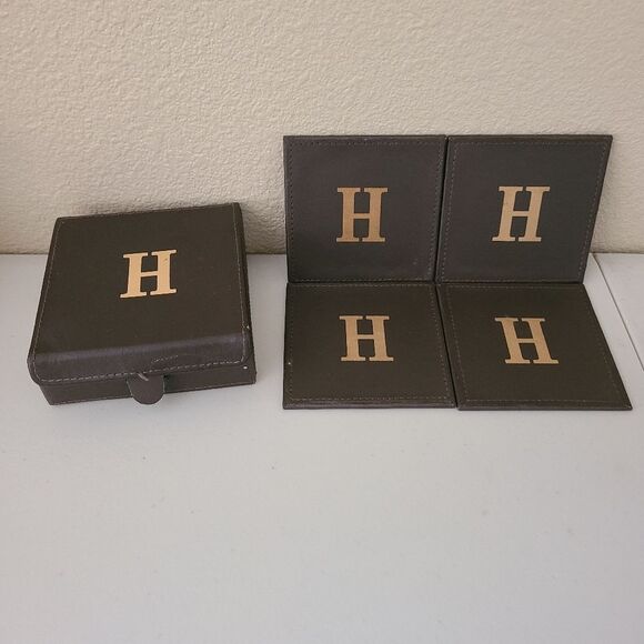 charge it by joey set of 4 brown leather coasters monogrammed with letter H - Picture 5 of 5